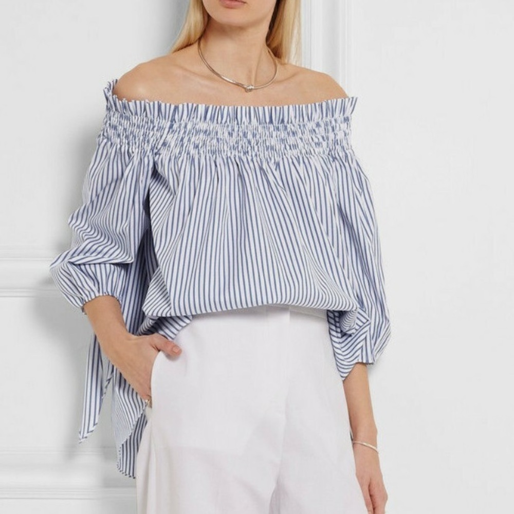 Caroline Constas Gray and White Striped Lou Off-Shoulder Blouse Shirt Small